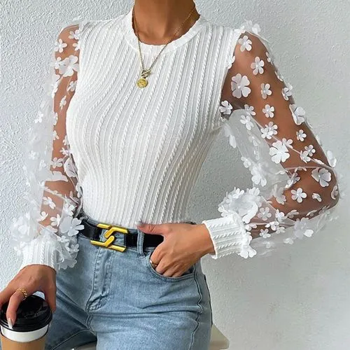 Women's Chiffon Shirt Long Sleeve T-Shirts Printing Elegant Streetwear Flower