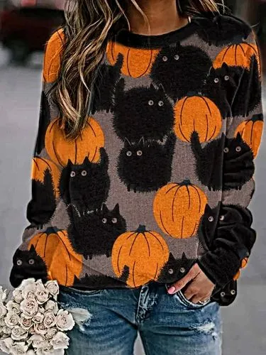 Women's T-shirt Long Sleeve T-shirts Printing Casual Pumpkin Cat