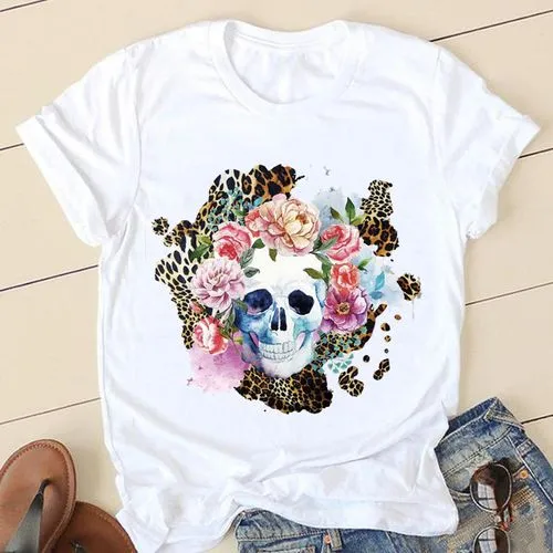 Women's T-shirt Short Sleeve T-shirts Printing Casual Letter Skull